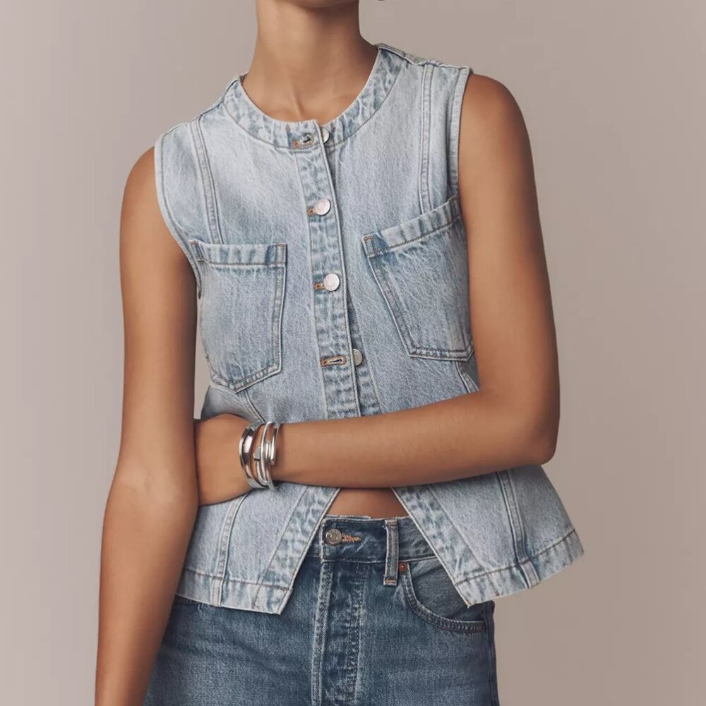 Pistola Gia Fitted Collarless Denim Vest Gaze 100% Cotton M - Picture 13 of 14